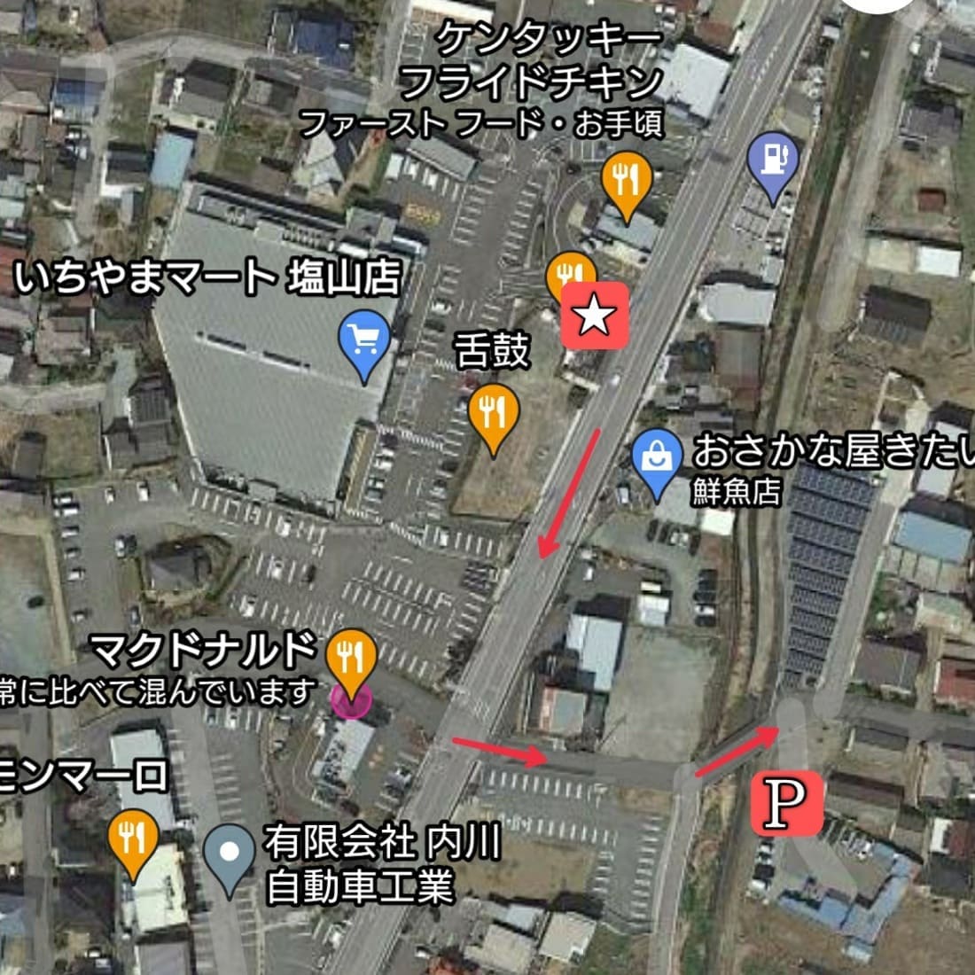 串焼 とりいちの駐車場までの地図